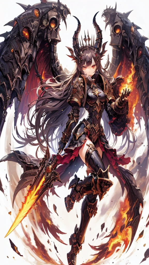 Masterpiece, best quality, ultra-detailed, anime style, full body of Chaos Demon girl, Heavy laminated power armor, blackened burnished armor with gold trim, giant horn and giant wing, girl's right hand is a giant grappling claw and she is holding a large sword in her left hand, supernatural Lightning and flame, Warhammer 40K, ((Eight-pointed star symbol)), 8k high resolution, trending art station, white background, whole body,