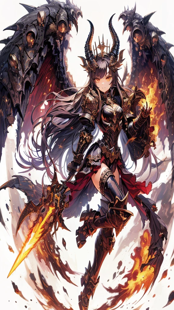 Masterpiece, best quality, ultra-detailed, anime style, full body of Chaos Demon girl, Heavy laminated power armor, blackened burnished armor with gold trim, giant horn and giant wing, girl's right hand is a giant grappling claw and she is holding a large sword in her left hand, supernatural Lightning and flame, Warhammer 40K, ((Eight-pointed star symbol)), 8k high resolution, trending art station, white background, whole body,