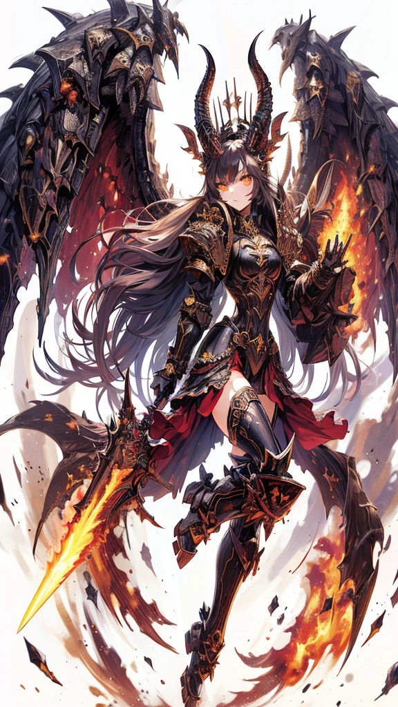 Masterpiece, best quality, ultra-detailed, anime style, full body of Chaos Demon girl, Heavy laminated power armor, blackened burnished armor with gold trim, giant horn and giant wing, girl's right hand is a giant grappling claw and she is holding a large sword in her left hand, supernatural Lightning and flame, Warhammer 40K, ((Eight-pointed star symbol)), 8k high resolution, trending art station, white background, whole body,
