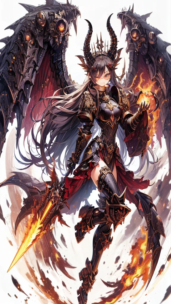 Masterpiece, best quality, ultra-detailed, anime style, full body of Chaos Demon girl, Heavy laminated power armor, blackened burnished armor with gold trim, giant horn and giant wing, girl's right hand is a giant grappling claw and she is holding a large sword in her left hand, supernatural Lightning and flame, Warhammer 40K, ((Eight-pointed star symbol)), 8k high resolution, trending art station, white background, whole body,
