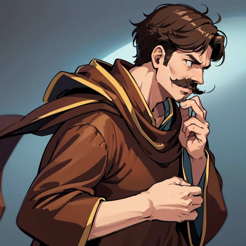 ((((Solo))))、Highest quality, Best Quality,Best illustrations、middle ages、(((Simple brown robe)))、(40-year-old uncle、mature、Kaiser moustache)、(LOL)、fight、(From the side、profile)、Run、early