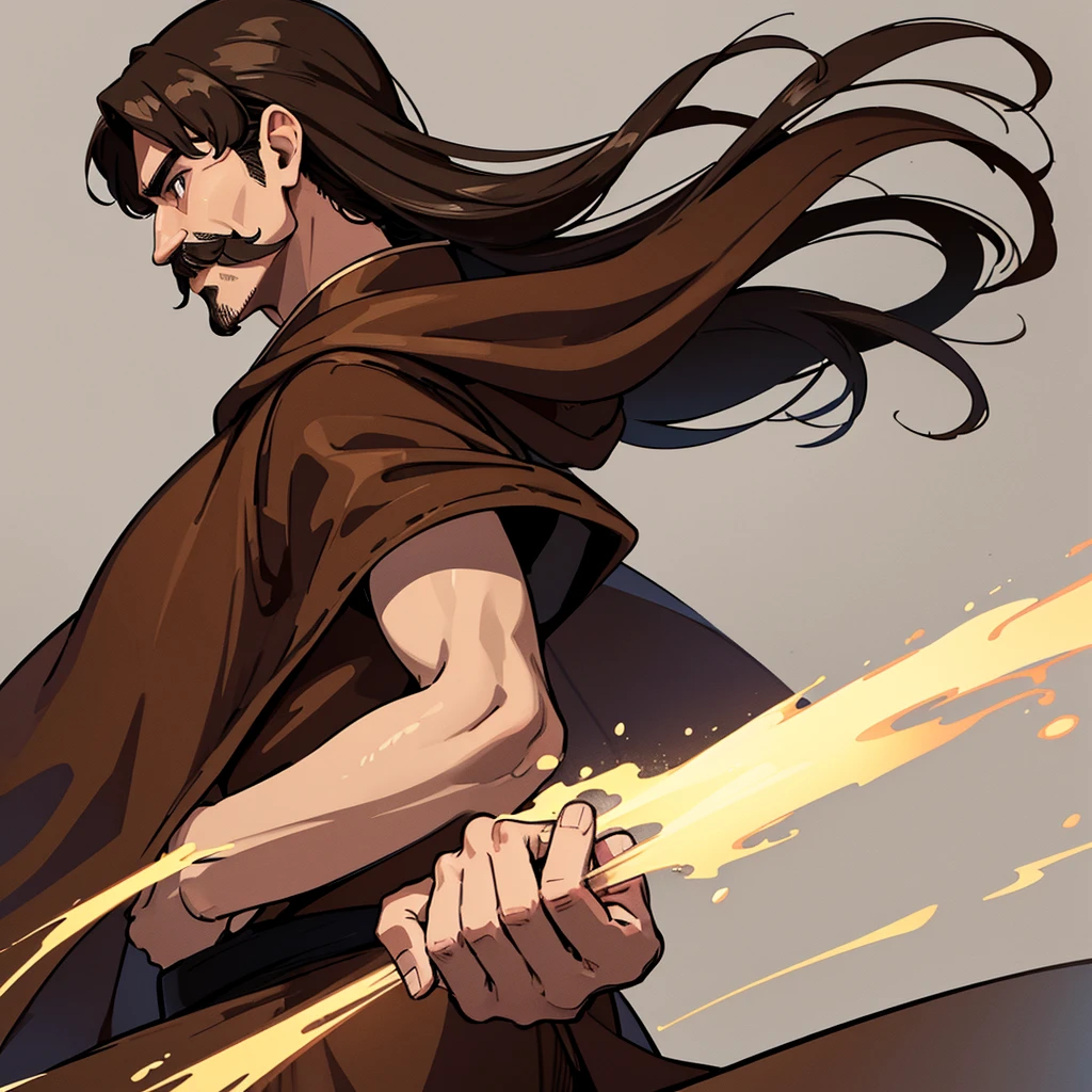 ((((Solo))))、Highest quality, Best Quality,Best illustrations、middle ages、(((Simple brown robe)))、(40-year-old uncle、mature、Kaiser moustache)、(LOL)、fight、(From the side、profile)、Run、early