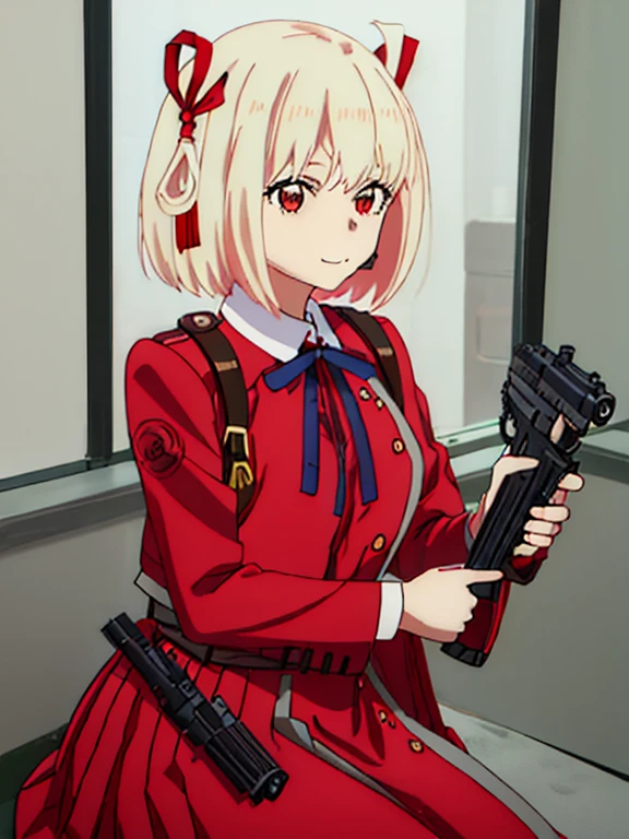 best quality, masterpiece, highres, solo, {nishikigi_chisato_lycorisrecoil:1.15}, short_hair, bangs, blonde_hair, red_eyes, ribbon, hair_ribbon, red_ribbon, bob_cut, closed_mouth, neck_ribbon, blue_ribbon, 1girl, gun, handgun, holding, holding_gun, holding_weapon, m1911, weapon, lycoris_uniform, red_dress, upper_body, dress, looking_at_viewer, aiming