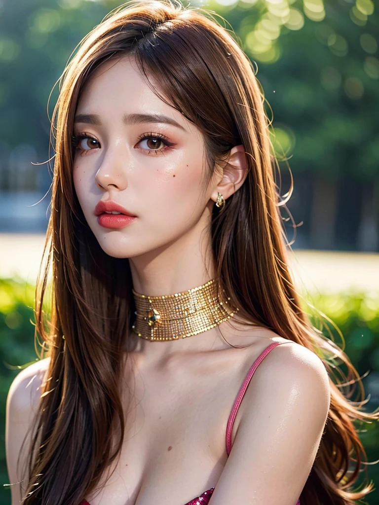 1girl, alone, solitary, high quality, (best quality,4k,8k,highres,masterpiece:1.2),ultra-detailed,(realistic,photorealistic,photo-realistic:1.37),gorgeous hair,caramel hair,long straight hair with bangs,sharp eyes,mole under the eye,plump lips,jewelry,(high detailed skin:1.4),(rim lighting:1.3),(lit:1.3),(sunny day:1.3),portrait,beautiful lips,waist-length hair,seductive gaze,moles,casual clothes,colorful clothing,close up,super long hair,choker necklace,light eyes,bangs,fringe,28 year old,dimples on the cheeks,dimples,caramel brown hair,lighthair,light brown hair,black,red lips,red lipstick,round lips,round pouty lips,pouty lips,douyin makeup,sparkly makeup,glitter,contact lenses,blue,green,pink,purple,wine red