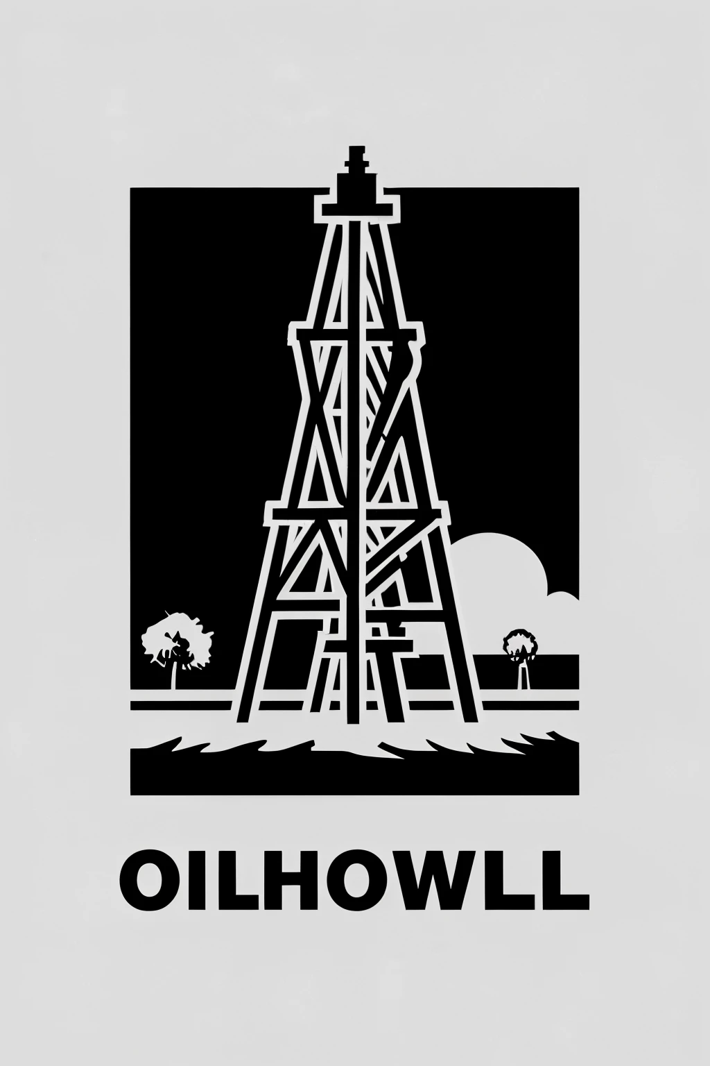 monochrome oil well logo, using only black and white colors.