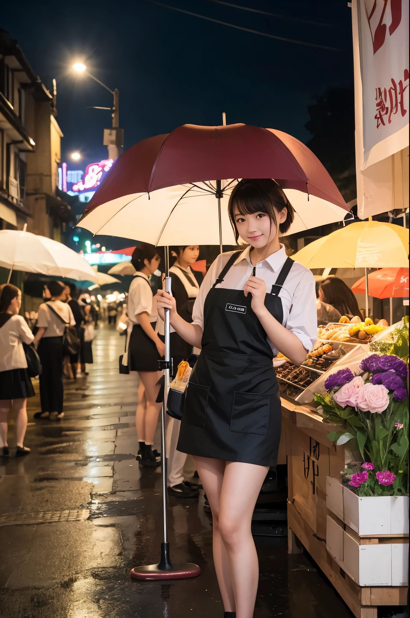 A 20-year-old girl selling umbrellas with umbrellas lined up(Wearing a miniskirt and apron)