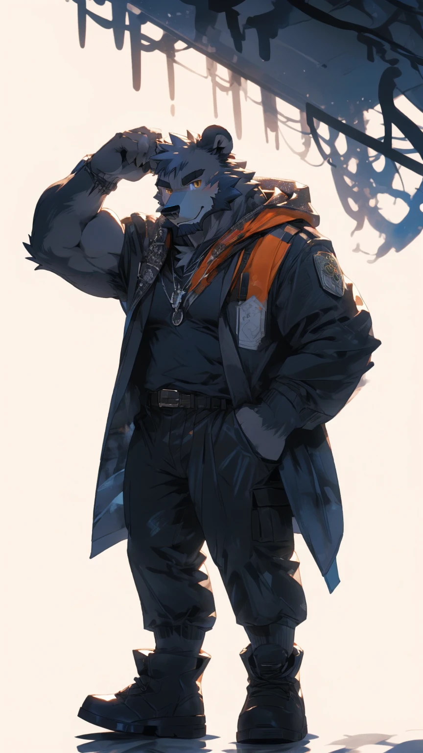 (masterpiece:1.2), best quality,pixiv,official art,perfect anatomy, (Ray tracing, light),solo, (1_male:1.3) , (muscle), (grey fur:1.4), (muscle bear), (beard:1.2), (gleaming golden eyes), bear tail, full body, Thick black eyebrows,(open hooded parka), (naked inside), (cargo pants:1.2), boots , (pure white background: 1.3)