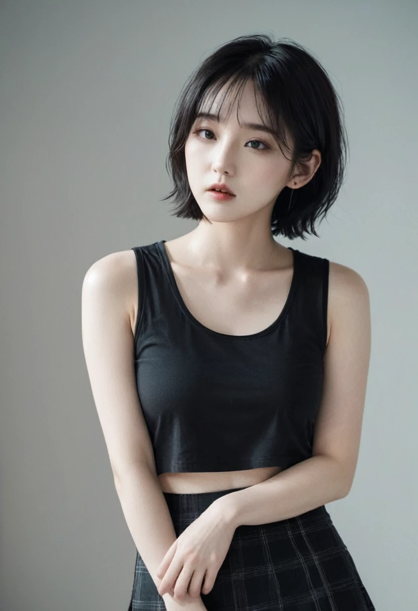 A pretty girl, short messy black hair, black tank top, baddie, pale skin, Korean, cinematic