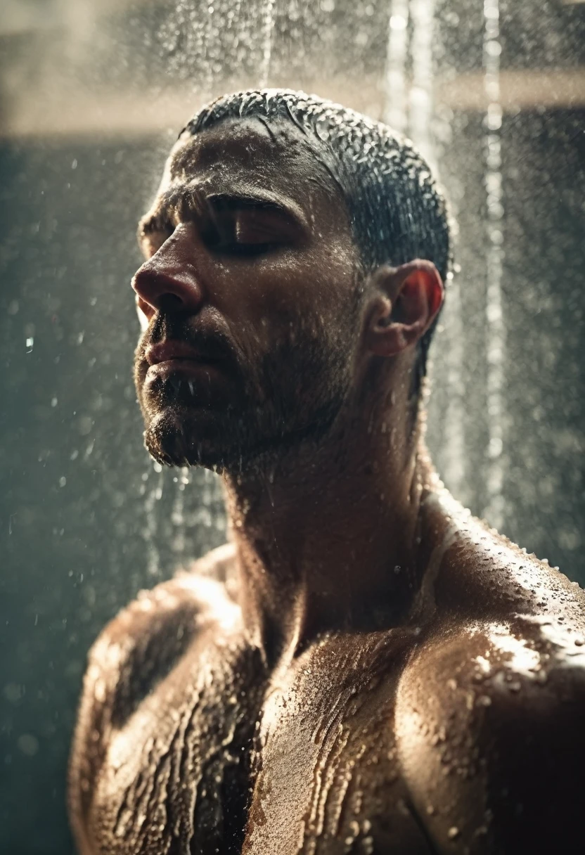 random upper body photography, dark gym team shower, (( a man taking hot shower alone)), not looking into camera, (natural skin, natural texture), ((((lots of mist)))), soft cinematic light, adobe lightroom, photolab, intricate, highly detailed, sharp focus, ((((cinematic look)))), insane details, intricate details, hyperdetailed, low contrast, soft cinematic light, exposure blend, dim colors, dim light, eyes closed