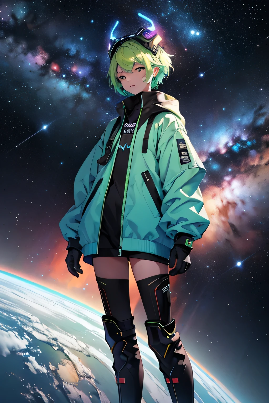 Female, short green hair, cosmic grenn, black boots, hirn on head, detail, nebulae in a full sky with a person in front of it, cover 40% of the picture, trying to understend the universe. the person need to be focused and the universe disfocused, main colors are blue and white