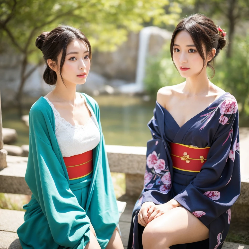 Urzan-6500-v1.1, (RAW Photos:1.2), (Realistic), (Genuine:1.4), (masterpiece), there is a woman In kimono Sitting on the floor, In kimono, Bare shoulders、clavicle、Mature Woman, wear Kimono, beast, Flower Hair Ornaments, yukata, In kimono, Japanese style, wearing a haori, mitsumayo, Hair tied up、(1 person:1.4)、
