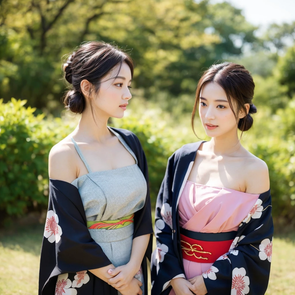 Urzan-6500-v1.1, (RAW Photos:1.2), (Realistic), (Genuine:1.4), (masterpiece), there is a woman In kimono Sitting on the floor, In kimono, Bare shoulders、clavicle、Mature Woman, wear Kimono, beast, Flower Hair Ornaments, yukata, In kimono, Japanese style, wearing a haori, mitsumayo, Hair tied up、(1 person:1.4)、