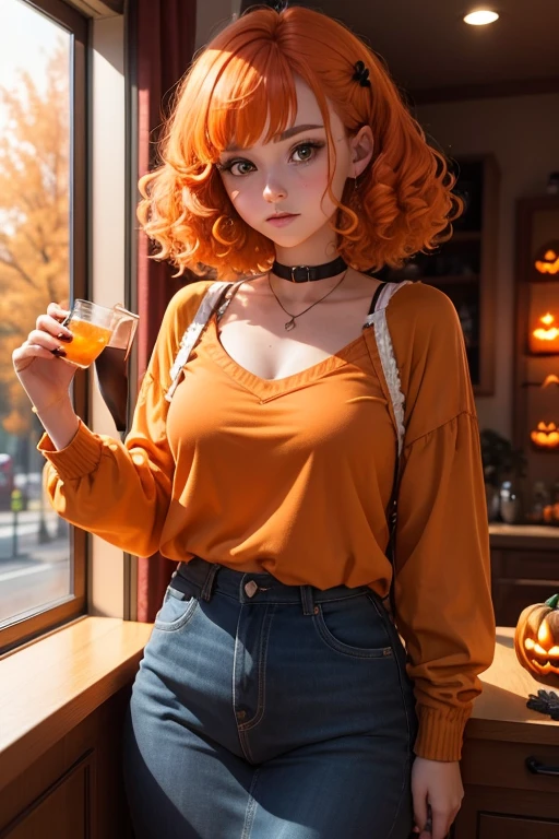 18 years old European girl. With orange curly hair. She's got an original haircut. She loves fall and Halloween. She looks immature.