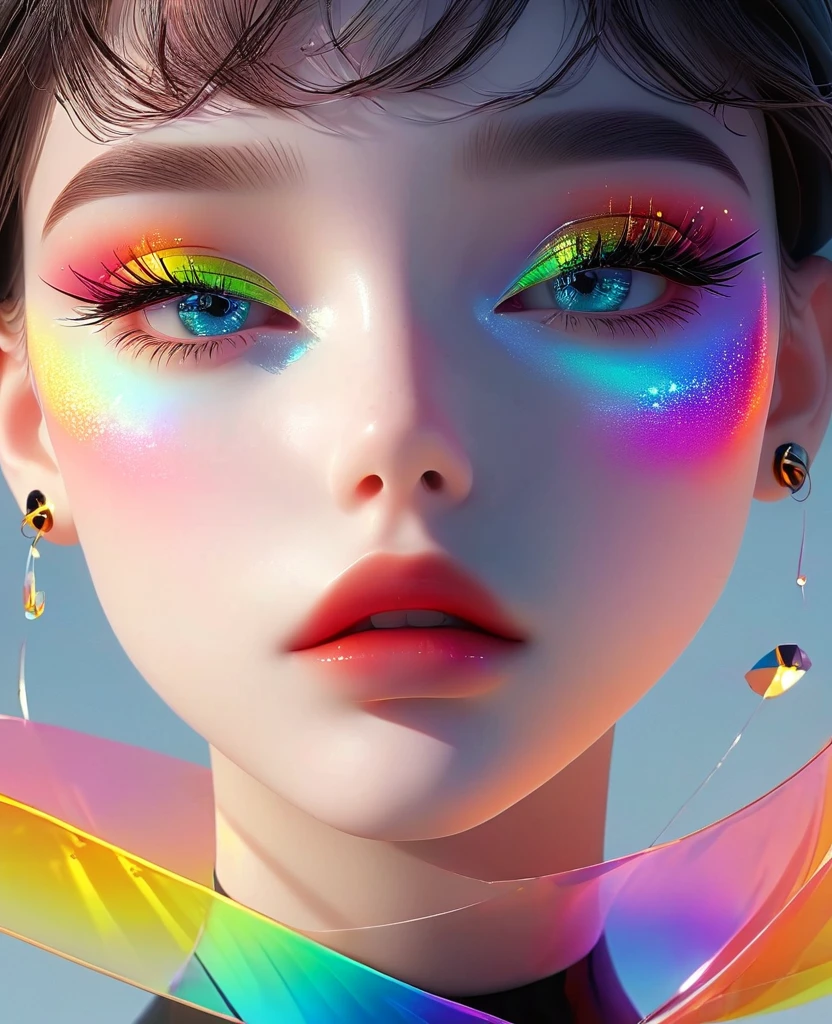 a girl,1girl,beautiful detailed eyes,beautiful detailed lips,extremely detailed eyes and face,longeyelashes,3D,futuristic wave style,flat design inspired illustration,rainbow core,minimalistic shapes,(best quality,4k,8k,highres,masterpiece:1.2),ultra-detailed,(realistic,photorealistic,photo-realistic:1.37),vibrant colors,dramatic lighting,chiaroscuro,rembrandt lighting
