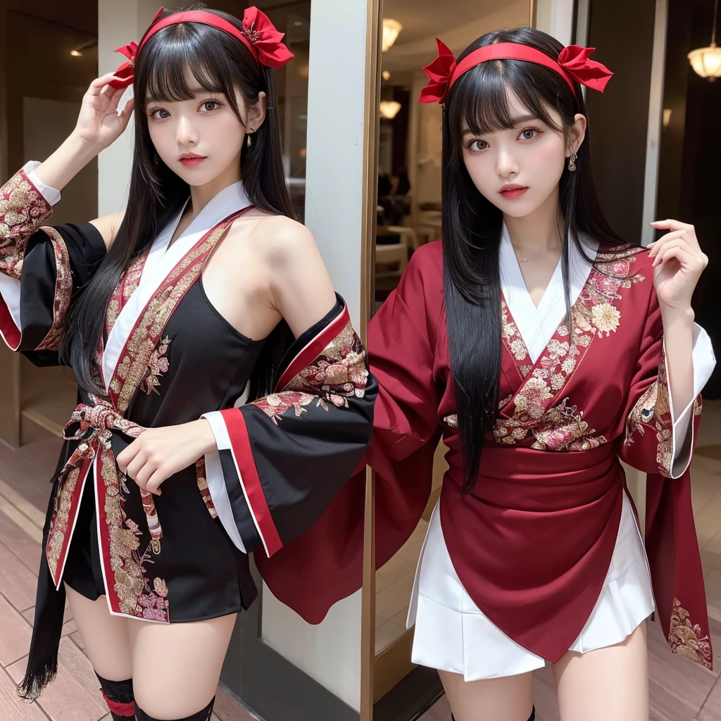 Urzan-6500-v1.1, (RAW Photos:1.2), (Photorealistic), (Genuine:1.4), (Pieces fly), Elegant woman with a perfect figure: 1.3, Jet Black Hair、((Straight bob hair with neatly trimmed ends、bangs、Red Hairband))、(She is wearing a deep purple furisode with an elegant pattern..)、Standing with the fan closed、Majestic Hall々, (A look full of murderous intent:1.2)、 Highly detailed face and skin, Beautiful Eyes, double eyelid, Full Body Shot:1.2、Wearing short boots、(1 person:1.4)、With panties、