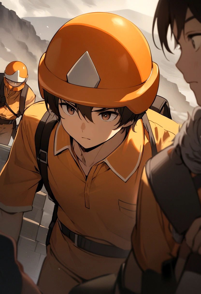 The boy wore an orange helmet with yellow trim, brown eyes, an orange polo shirt with white trim, a black backpack, and was carrying a small box.