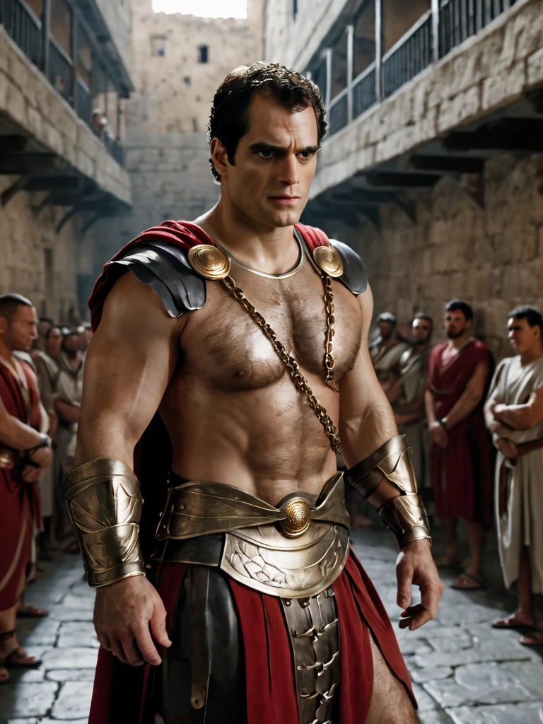 arafed man in a roman costume standing in a prison, in screenshot from the 300 movie, the the man is wrapped in chains, henry cavill as a greek god, 8 k movie still, henry cavill is a greek god, 300 the movie, inspired by Exekias, leading spartans into battle, film still from god of war