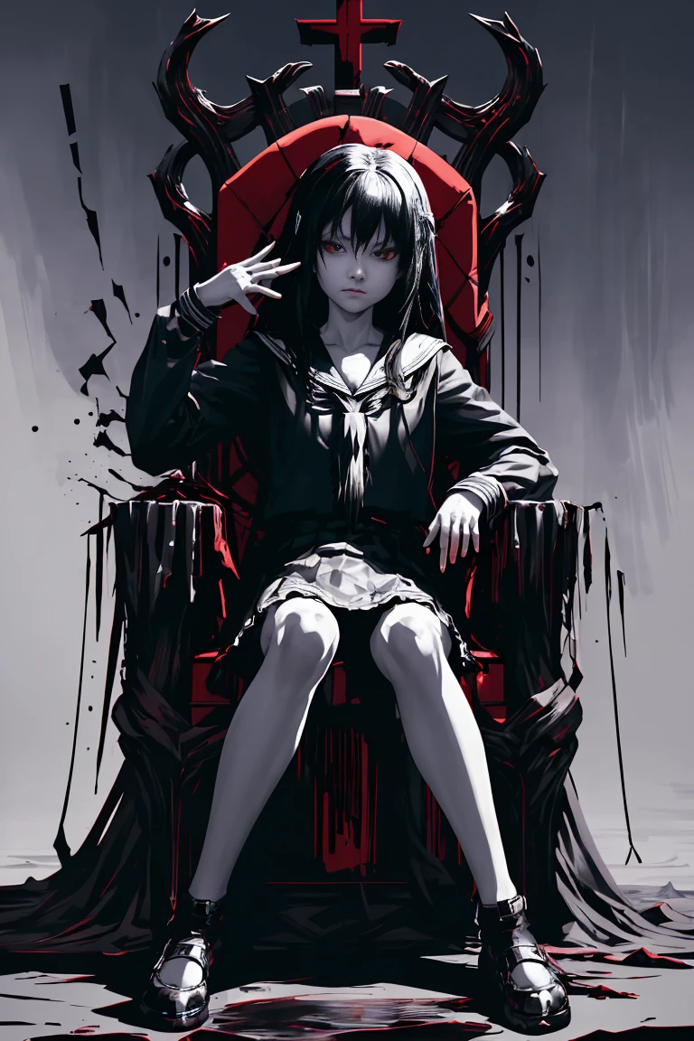 Throne、sit on a chair, cross one's legs、Black Hair、Only the eyes are red、v5lcn style,Ink Art,(highest quality,Tabletop:1.2),(Black and white comic core:1.1),(extremely high contrast),Dark ink,One Girl,Shadow on face、8K,solve,high school girl,Sailor Suit,