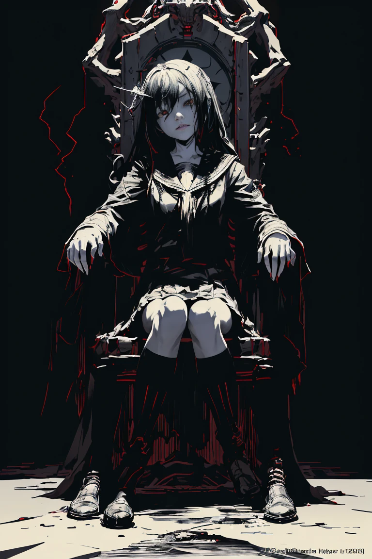 Throne、sit on a chair, cross one's legs、Black Hair、Only the eyes are red、v5lcn style,Ink Art,(highest quality,Tabletop:1.2),(Black and white comic core:1.1),(extremely high contrast),Dark ink,One Girl,Shadow on face、8K,solve,high school girl,Sailor Suit,