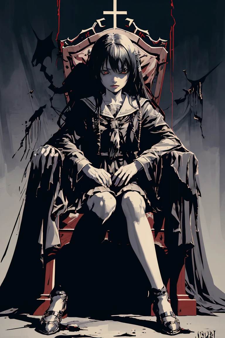 Throne、sit on a chair, cross one's legs、Black Hair、Only the eyes are red、v5lcn style,Ink Art,(highest quality,Tabletop:1.2),(Black and white comic core:1.1),(extremely high contrast),Dark ink,One Girl,Shadow on face、8K,solve,high school girl,Sailor Suit,