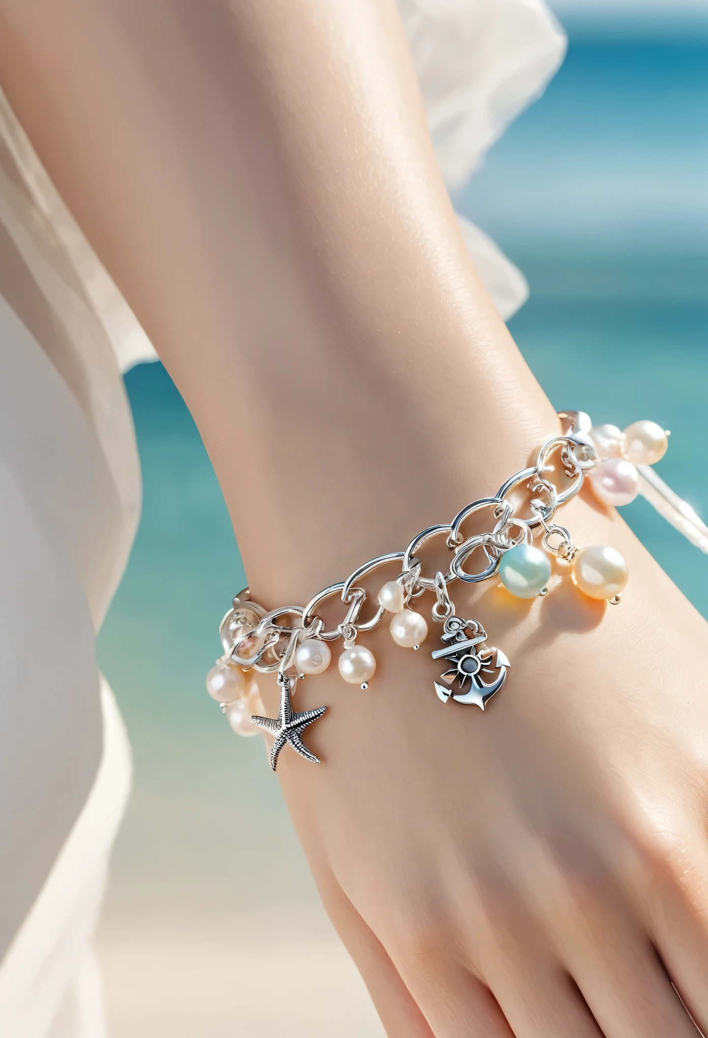 A shiny silver bracelet, on the wrist, (marine-themed charms:1.5), pearls, transparent colorful beads, delicate thin chain, (best quality, 4k, 8k, highres, masterpiece:1.2), ultra-detailed, (realistic, photorealistic, photo-realistic:1.37), intricate jewelry design, exquisite craftsmanship, shimmering metallic, ocean-inspired, iridescent pearls, vibrant hues, delicate filigree, elegant accessory, feminine aesthetics, close-up, detailed texture, soft focus, warm lighting
