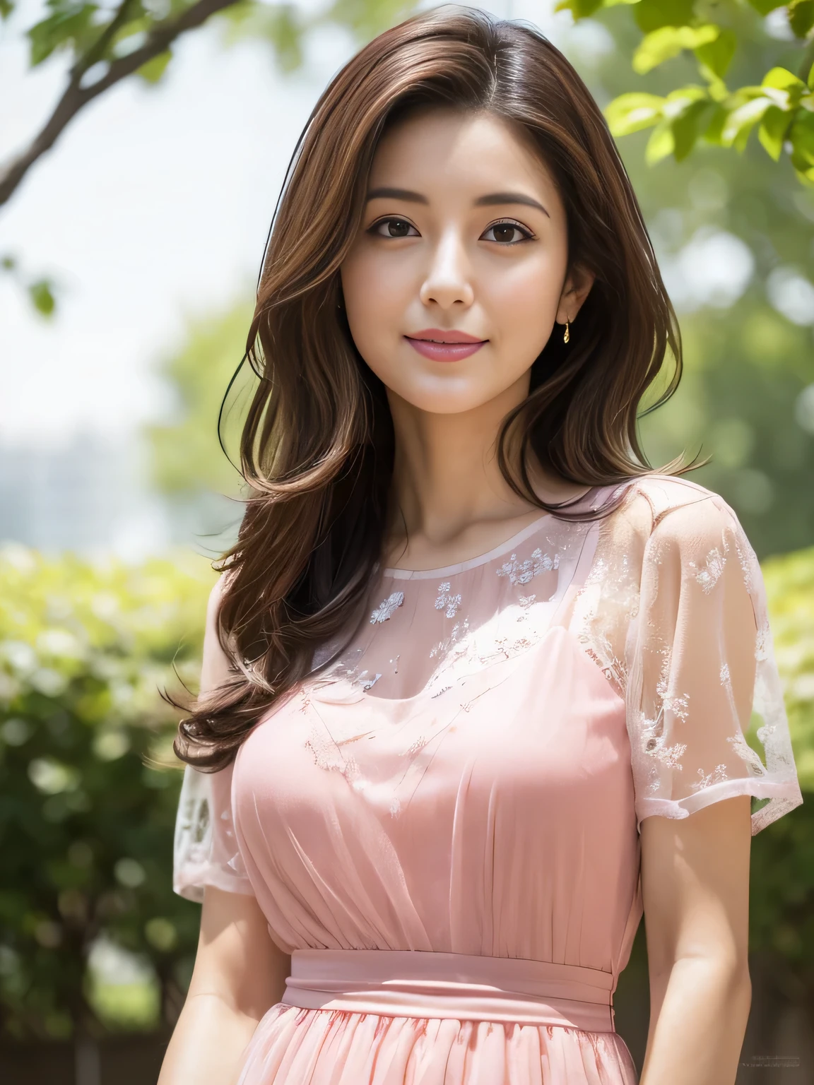 (RAW Photos), (Photo realistic), (masterpiece), (Highest quality), High resolution, 8K resolution, (Intricate details), (Volumetric Light), Portraiture, woman, 30 years old, Medium Hair, Layered Hair, Brown Hair, Highly detailed eyes, Source order, Very thin eyebrows, Highly detailed skin, Highly detailed mouth, Highly detailed nose, Cute like an idol, smile, ((Pink lipstick)), ((Look at the viewers)), (An elegant and transparent red see-through short-sleeved dress), ((Randomly oriented objects)), green park background, Westshot,