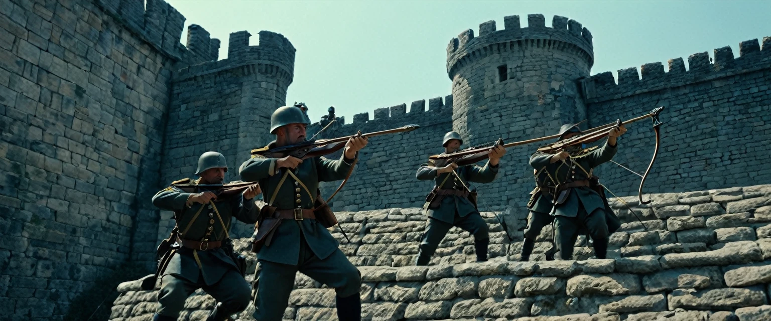 score_9, score_8_up, score_7_up, source_photo, photography, photorealistic, detailed, cinematic angle, rating safe, from below, Wide shot, Soldiers on the ramparts with crossbows at the ready, masterpiece, best quality, 8k,