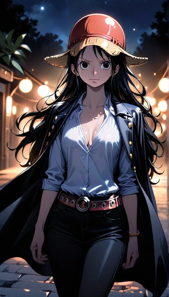 masterpiece, best quality), intricate details, 1 girl, woman, black hair, luffy, ((monkey d luffy)) \ (one piece\), scar on face, (long hair), shirt, white shirt, female focus, clothes, collared shirt, pants, cape, black coat, shirt, scar, sandals, pectorals, black coat on shoulders, nature, scenery, upper body, straw hat, ((front view)) ((close up shot)) ((solo)) (black eyes) ((female monkey d luffy)) luffy from one piece, detailed eyes, straw hat, night