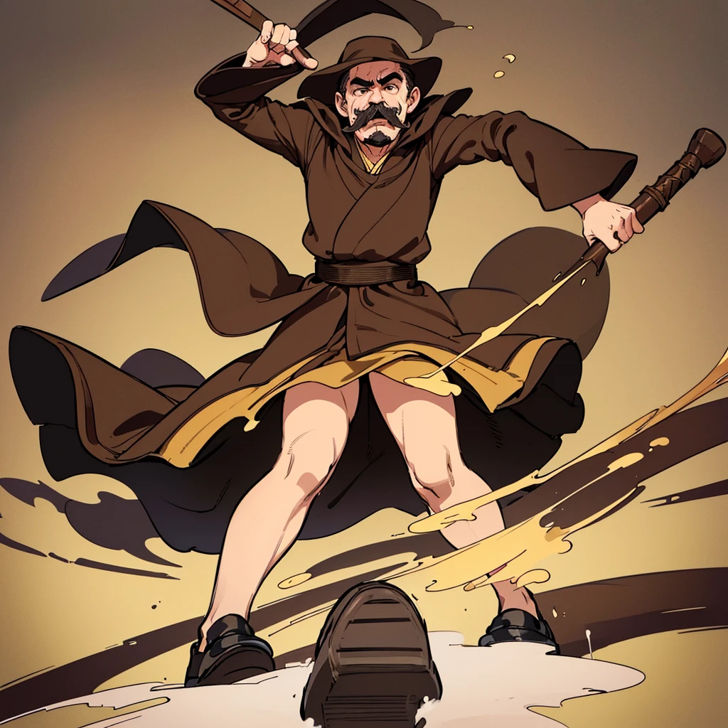 ((((Solo))))、Highest quality, Best Quality,Best illustrations、middle ages、(((Simple brown robe、Black shoes)))、(40-year-old uncle、mature、Kaiser moustache)、(LOL、Open your mouth)、fight、(kick、Kick、Raise your legs)