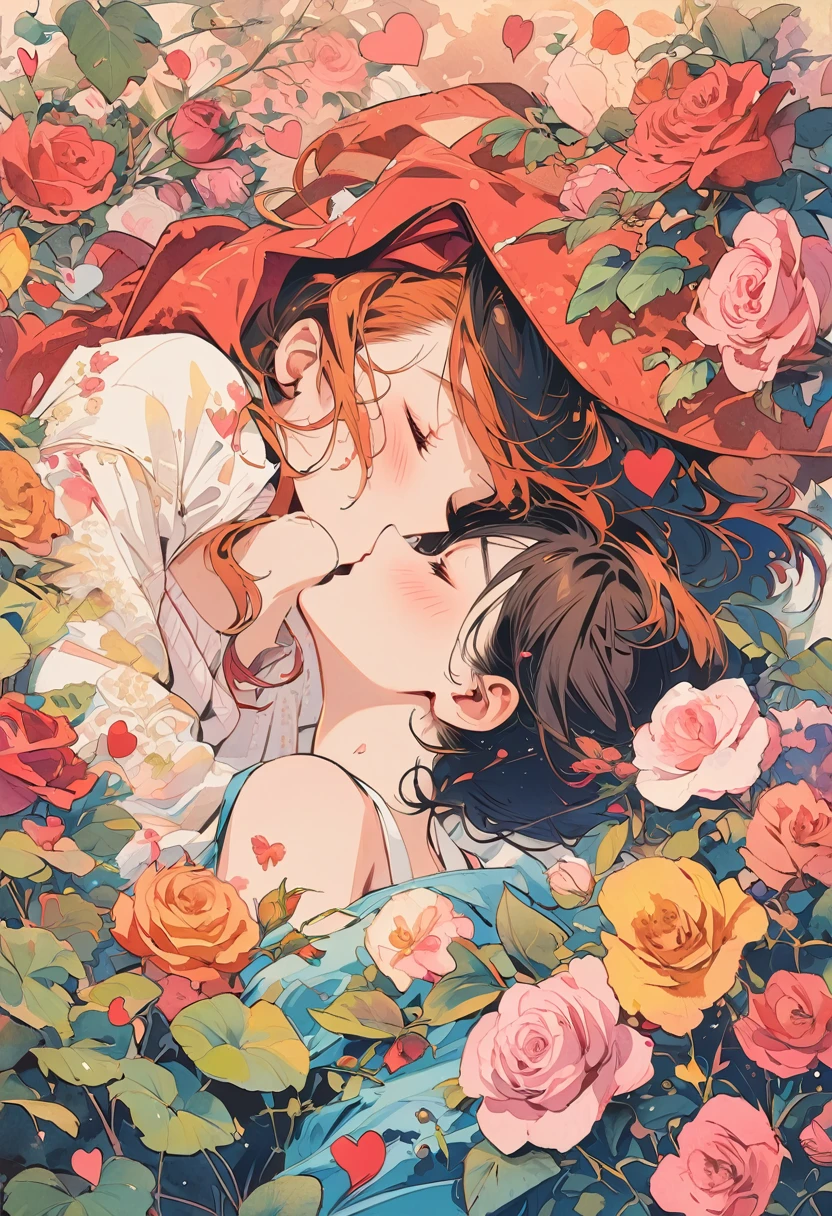 ink style, A cartoon-style illustration of lovers kissing, surrounded by Valentine's Day elements. The scene is vibrant and filled with hearts, Cupid's arrows, and pink and red decorations. Both characters exhibit exaggerated, joyful expressions of love, with their eyes closed in a blissful kiss. The background is adorned with symbols of romance, such as roses, chocolates, and a banner proclaiming 'Happy Valentine's Day,' all rendered in a playful, animated aesthetic, (Ghibli-like colours, UHD, masterpiece, ccurate, anatomically correct, textured skin, super detail, 8k)
