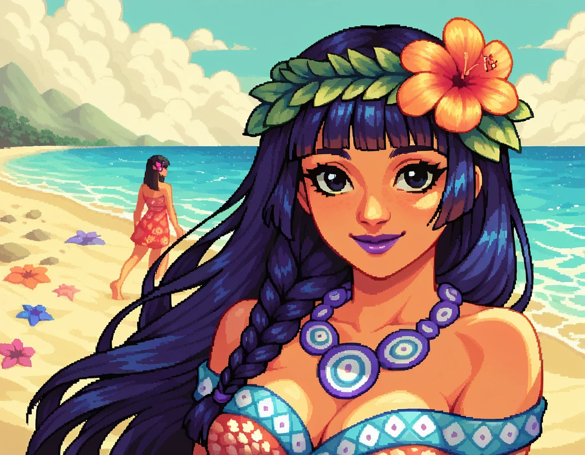 score_9, score_8_up, score_7_up, pixel art, 1girl, beach background, Polynesian, traditional Polynesian dress , sunny, lovely, hime cut hair, gentle smile, purple lips, black eyes, flowers in hair