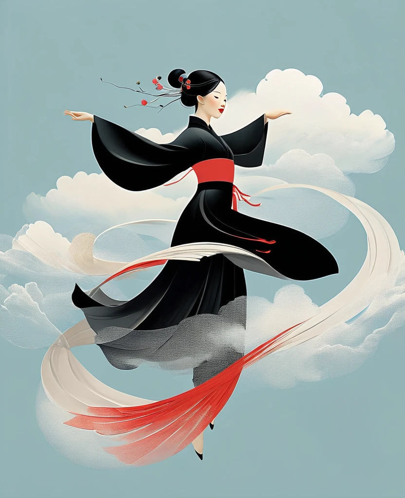 flat illustration of a poster for a show that features an asian woman flying through the air, in the style of eiko ojala, elegant brushstrokes, Minimalism,kurt hutton, traditional animation, light silver and black, figurative art with a dreamy quality
,Use 3D digital illustration style, girl, Front view, symmetry, The Minimalists