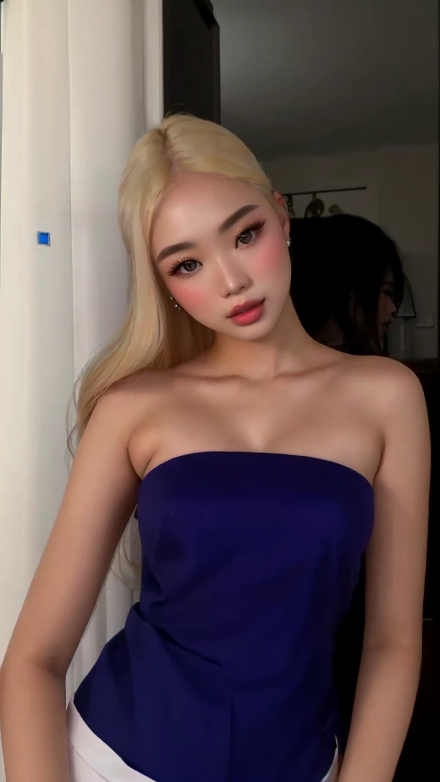 a close-up of a woman in a blue blouse posing for a photo, Asian characteristics, her face looks like an orchid, beautiful asian girl, korean, 18 years old, tube dress, A girl with blonde hair, ava max, parque roseanne de blackpink, very light blonde hair, profile image, 2 4 year old female model, instagram model
