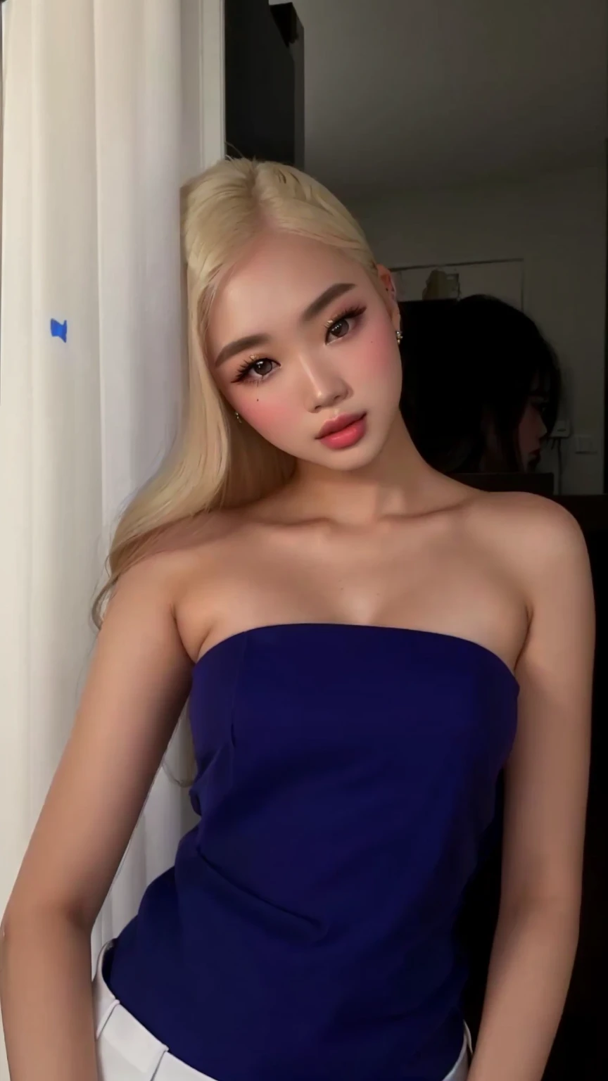 a close-up of a woman in a blue blouse posing for a photo, Asian characteristics, her face looks like an orchid, beautiful asian girl,  korean, 18 years old, tube dress, A girl with blonde hair, ava max, parque roseanne de blackpink, very light blonde hair, profile image, 2 4 year old female model, instagram model