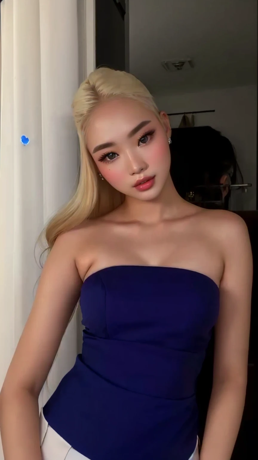 a close-up of a woman in a blue blouse posing for a photo, Asian characteristics, her face looks like an orchid, beautiful asian girl, korean, 18 years old, tube dress, A girl with blonde hair, ava max, parque roseanne de blackpink, very light blonde hair, profile image, 2 4 year old female model, instagram model