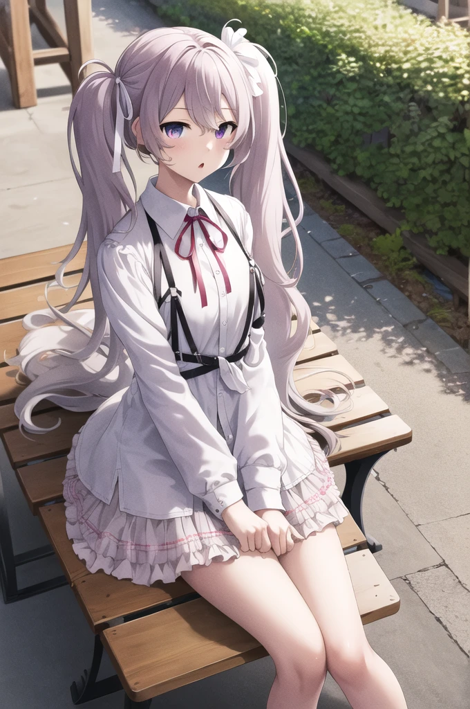 masterpiece, best quality, highres, nigomiku, heterochromia, aqua eyes, pink eyes, white skirt, sitting, table, bench, :o, outdoors