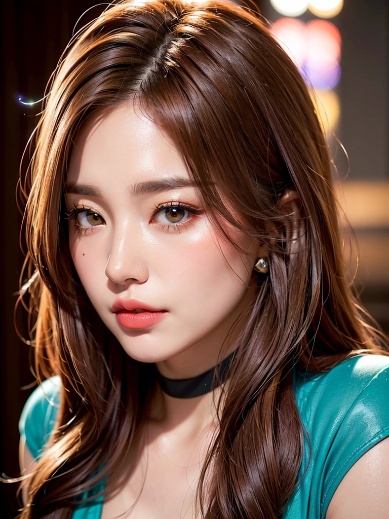 1girl, alone, solitary, high quality, (best quality,4k,8k,highres,masterpiece:1.2),ultra-detailed,(realistic,photorealistic,photo-realistic:1.37),gorgeous hair,caramel hair,long straight hair with bangs,sharp eyes,mole under the eye,plump lips,jewelry,(high detailed skin:1.4),(rim lighting:1.3),(lit:1.3),(sunny day:1.3),portrait,beautiful lips,waist-length hair,seductive gaze,moles,casual clothes,colorful clothing,close up,super long hair,choker necklace,light eyes,bangs,fringe,28 year old,dimples on the cheeks,dimples,caramel brown hair,lighthair,light brown hair,black,red lips,red lipstick,round lips,round pouty lips,pouty lips,douyin makeup,sparkly makeup,glitter,contact lenses,blue,green,pink,purple,wine red,chocolates hair,light hair