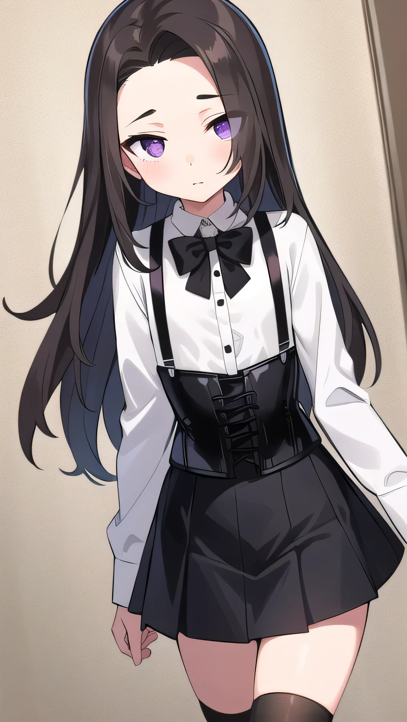 Brown hair, long hair, purple eyes,middle part，  wide forehead, white shirt, long sleeves, (black corset:1.2), black miniskirt, black knee socks, middle school student, flat chest , short, narrow eyes, hanging eyes, forehead, straight hair, suspender, 