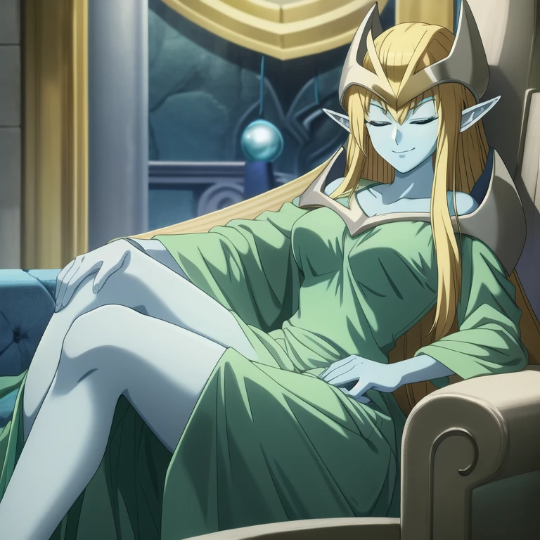 mysticalygo, mystical elf, smile, friendly look, medium breasts, eyes closed, green dress, long skirt, blue skin, blonde hair, long hair, Yugioh, couches, sitting, room