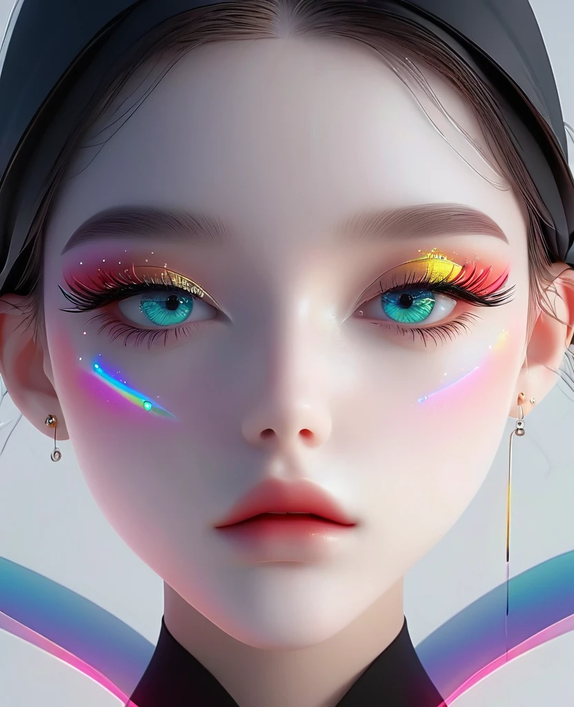a girl,1girl,beautiful detailed eyes,beautiful detailed lips,extremely detailed eyes and face,longeyelashes,3d,futuristic wave style,flat design inspired illustration,rainbow core,minimalistic shapes,(best quality,4K,8K,highres,masterpiece:1.2),ultra-detailed,(realistic,photorealistic,photo-realistic:1.37),vibrant colors,dramatic lighting,clair obscur,rembrandt lighting,采用 3d 数字插画风格, girl, Front view, symmetry, The Minimalists