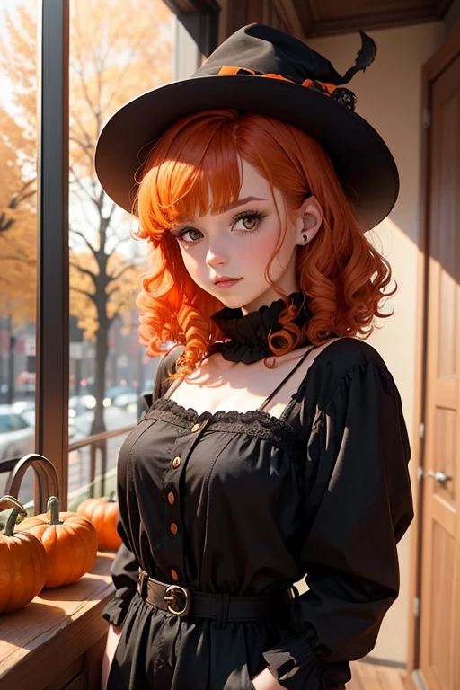 18 years old European girl. With orange curly hair. She's got an original haircut. She loves fall and Halloween. She looks immature and happy.