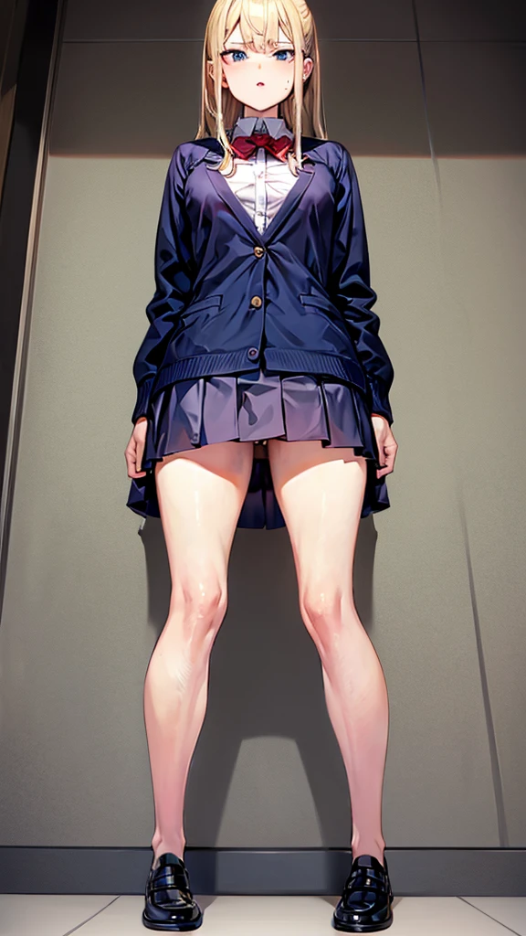 Bully student approaches me, while im in the floor, with a perverse face as I am a nerd, wearing short skirt, blonde hair, blue eyes, small firm breasts, long sexy legs, bad girl. very tall girl, photo from below the girl, bully, anger face, full body photo, perspective from the ground