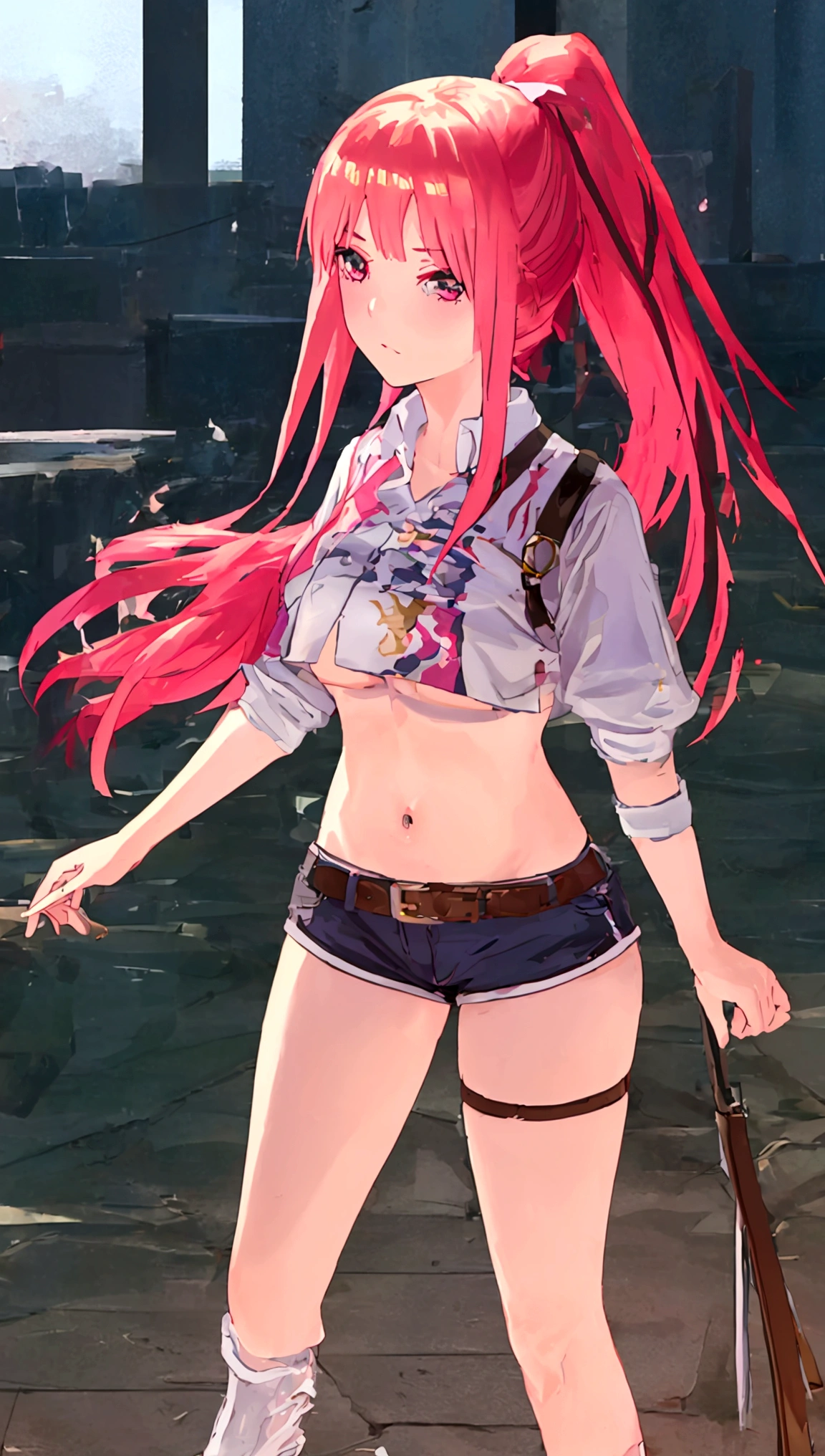 masterpiece、top-quality、hight resolution)、 Real life adaption for this character, Masterpiece, high quality, best lighting, cinematic, 1girl, long hair, pink hair, ponytail, crop top, underboob, cowboy shot, ((mini short pants)), (perfect body), (((big thigh))), looking at viewer, standing, pool