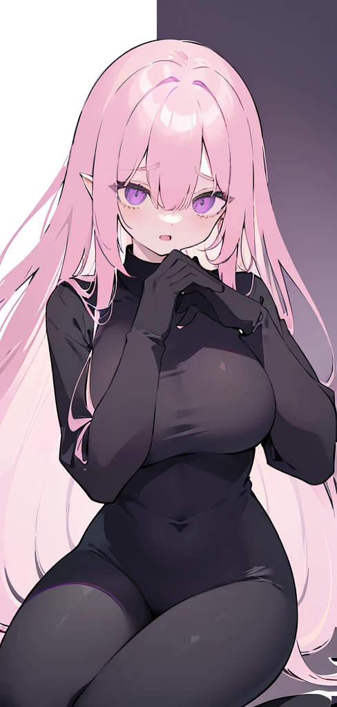 (((Long pink hair))),pinky hair,kawai,(((Eyes visible from bangs,hair over eyes:1.3))),,Huge breasts,(purple color eyes),,(purple slanted eyes),1girl in,bangs,long blonde hair, pantyhose,Cowboy Shot,white background,Straight hair hair,(On both sides of the head has sharp black devil horns) ((Standing body pose facing to the right side)) wearing a black shirt (using black gloves) ((head bowed pose)) Ter's hair flows straight down, has two sharp black horns (slant purple eyes) Must wear a black shirt! (The black shirt sleeves are all black fabric. The shirt sleeves are folded up to the elbows.)Wearing black gloves) wearing open mouth as if in panic) wearing shiny, tight black pants (Tight black pants shine like rubber) (((Both hands hang down)))(all black fabric) (slim body, hips slightly bent) image according to tag ((Body pose facing to the right side)) Body pose facing to the right side, eyes looking to the right side(Body pose sitting legs hands down)