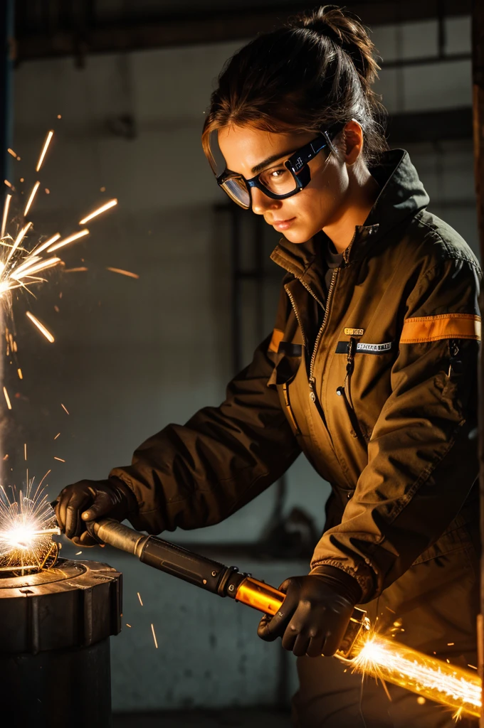 A woman with safety goggles and a welding torch, sparks flying, her face determined and focused.