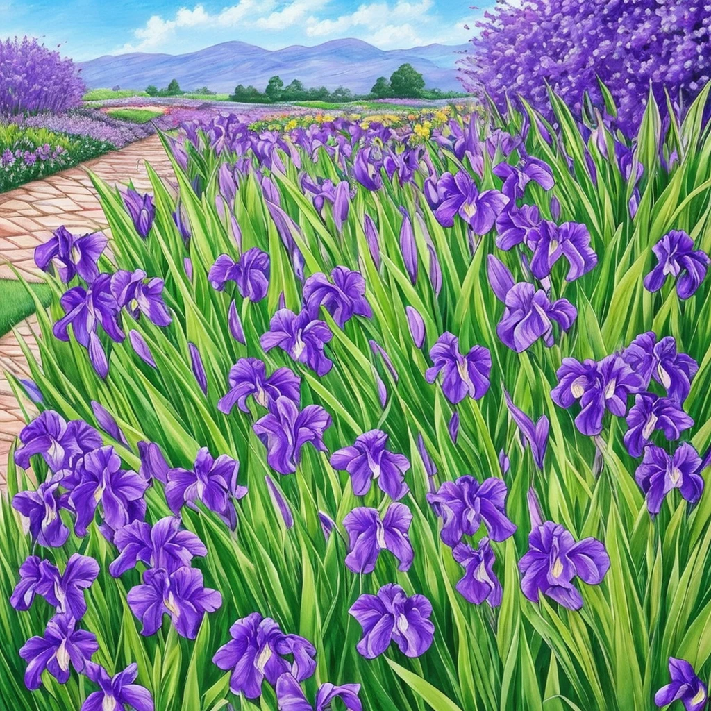 purple flowers line the edge of a garden with green grass, a pastel by Bernard D’Andrea, flickr, fine art, beautiful border, irises, encompass violet irises, soulful irises, wide irises, iris, cube shaped irises, violet and black, their irises are red, indigo blooming flowers garden, incredibly beautiful, rich contrast