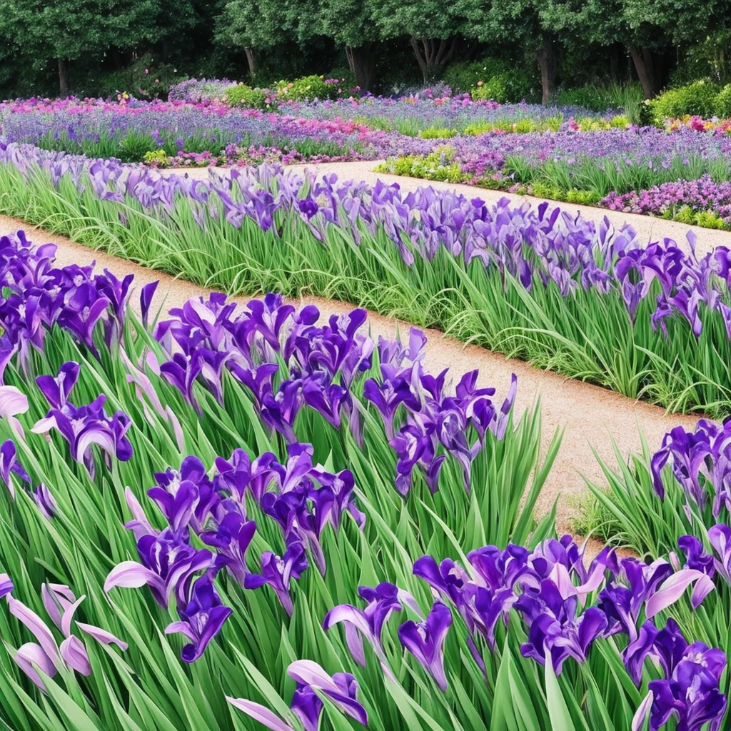purple flowers line the edge of a garden with green grass, a pastel by Bernard D’Andrea, flickr, fine art, beautiful border, irises, encompass violet irises, soulful irises, wide irises, iris, cube shaped irises, violet and black, their irises are red, indigo blooming flowers garden, incredibly beautiful, rich contrast