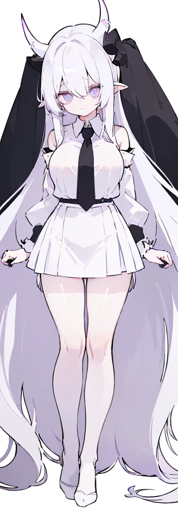 (((Long White hair))),White hair,kawai,(((Eyes visible from bangs,hair over eyes:1.3))),,Huge breasts,(purple color eyes),,(purple slanted eyes),1girl in,bangs,long White hair, pantyhose,Cowboy Shot,white background,Straight hair hair,(On both sides of the head has sharp black devil horns) ((head bowed pose)) Ter's hair flows straight down, has two sharp black horns (slant purple eyes) (((wearing a perfect white shirt))) white shirt sleeves should be folded to the elbows ((Don't wear any ties (wear a long black skirt, both sides of the skirt are split The other two sides of the skirt are split (showing her bare thighs) Long black skirt split at the thighs, perfect white shirt, no accessories like a tie (sexy body) Bare thighs without wearing any socks, The character's body is visible from head to ankle, ((Tall slim perfect body)) (tight black skirt)
