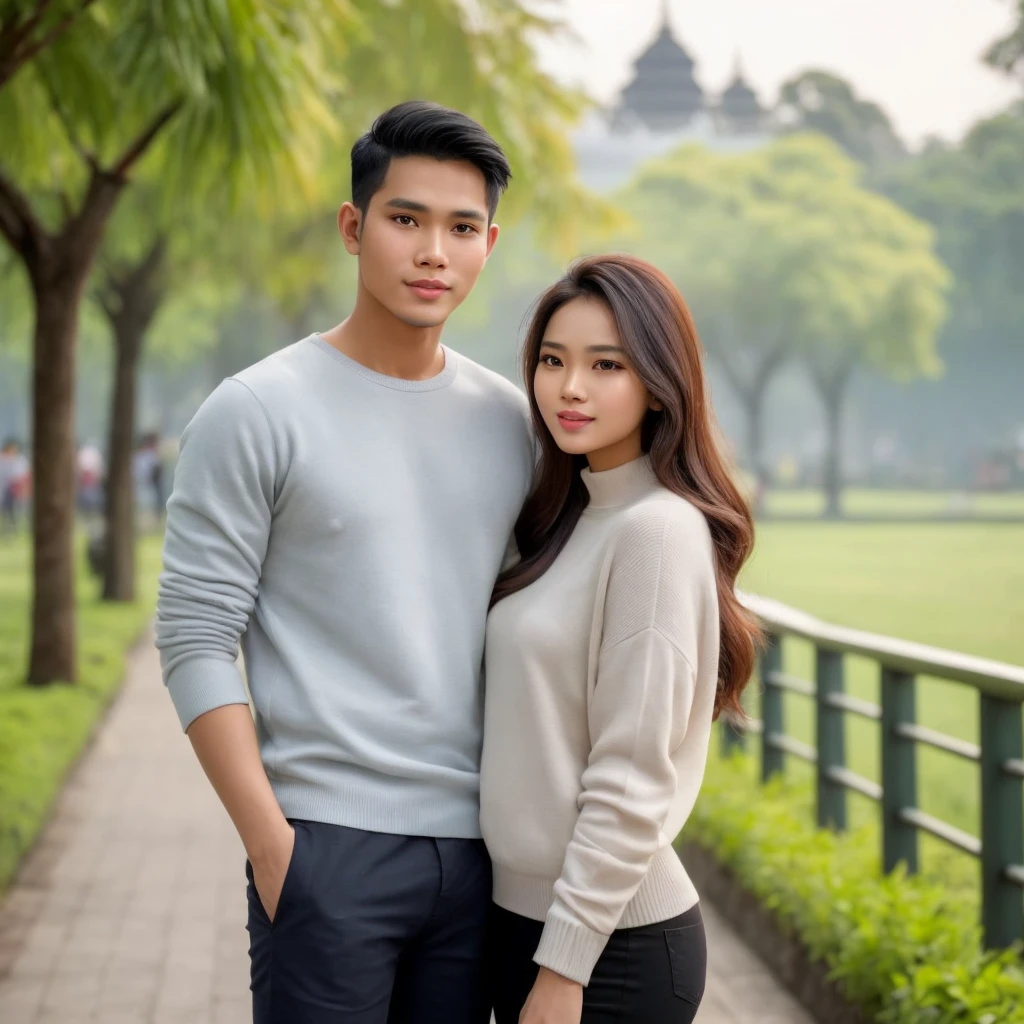 A handsome Indonesian man is relaxing with his beautiful black-haired girlfriend. background taman