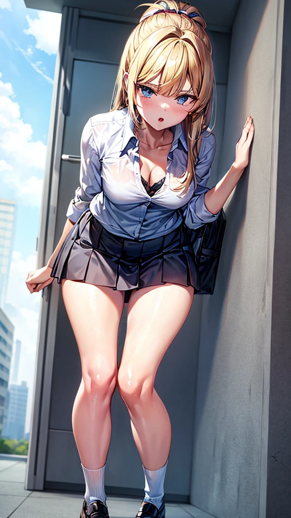 Bully student approaches me with a perverse face as I am a nerd, wearing short skirt, blonde hair, blue eyes, small firm breasts, long sexy legs, bad girl. very tall girl, photo from below the girl, bully, anger face, perspective from the ground